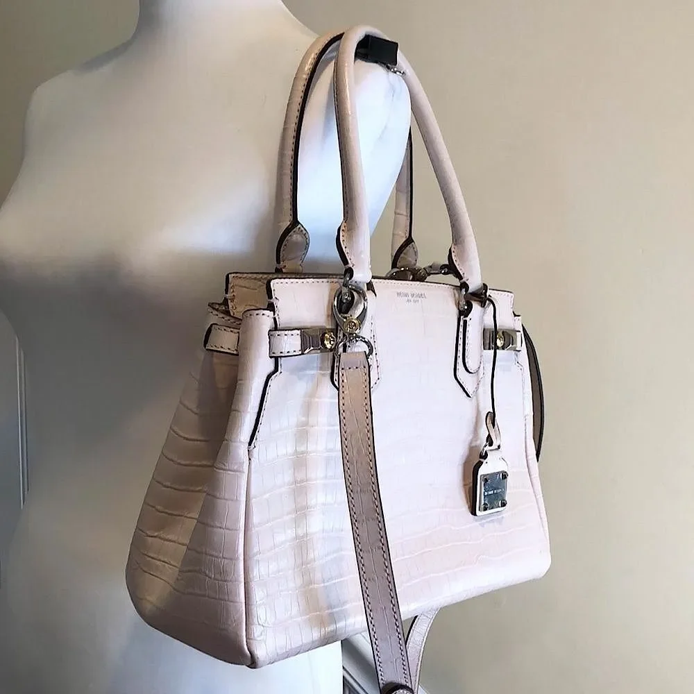 HENRI BENDEL CARLYLE Blush Croc Embossed Top Handle Satchel w/ Strap MINT